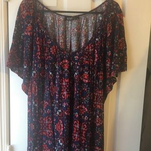 ana 1X scoop neck blue with print top, shirt sleeves